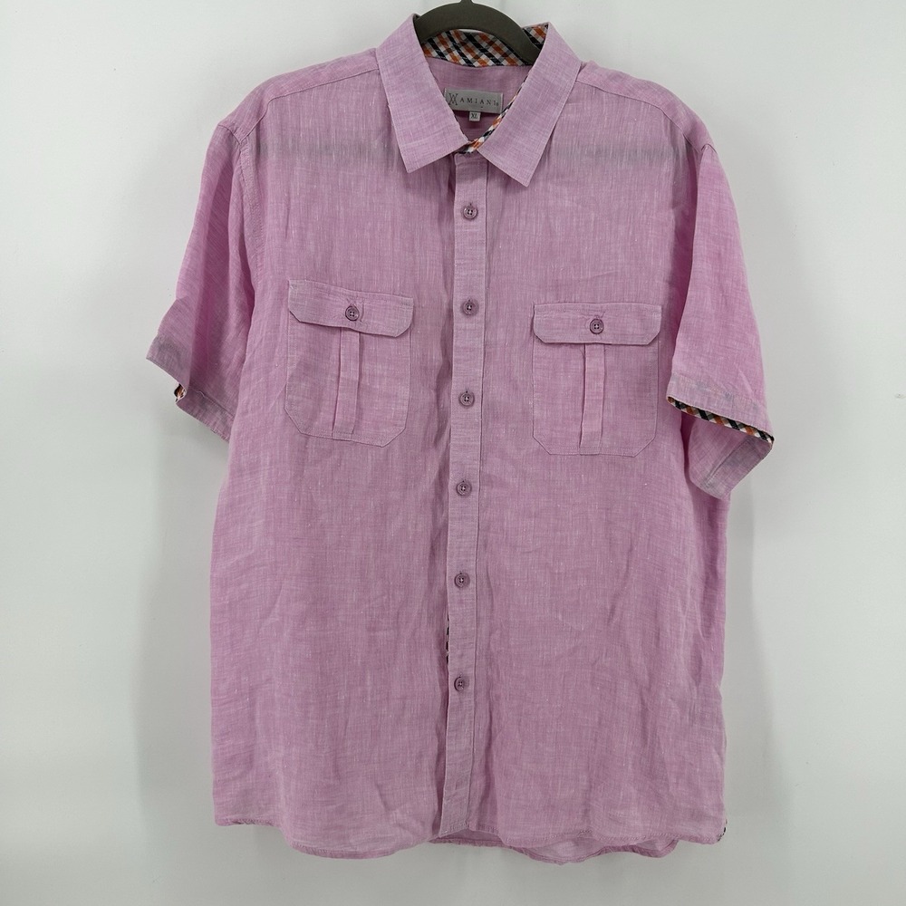 Amiani 100% Linen Shirt Mens XL Pink Short Sleeve Utility Flap Pockets Riviera